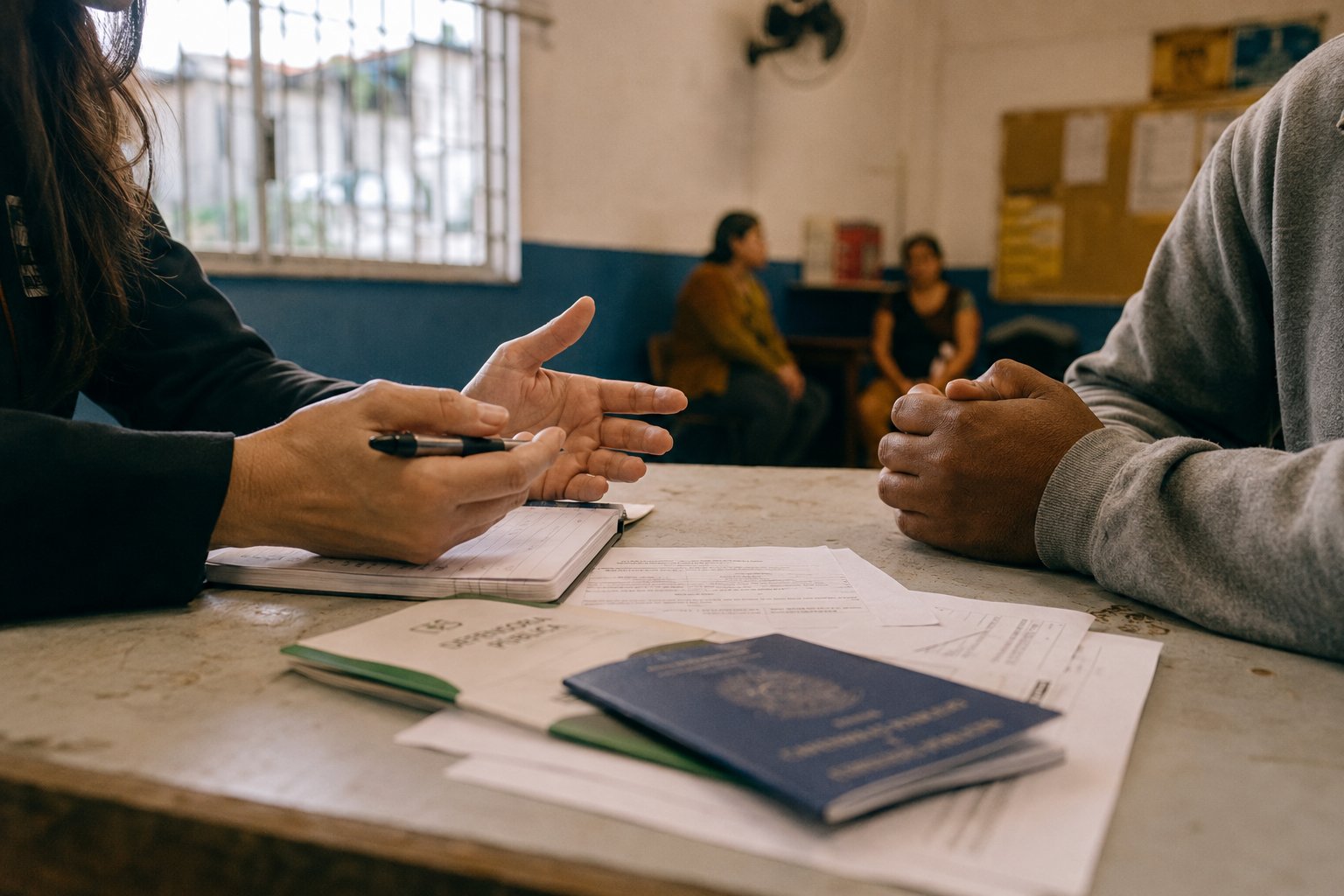 Atendimento jurídico voluntário, com documentos sobre a mesa, em uma comunidade de São Paulo.